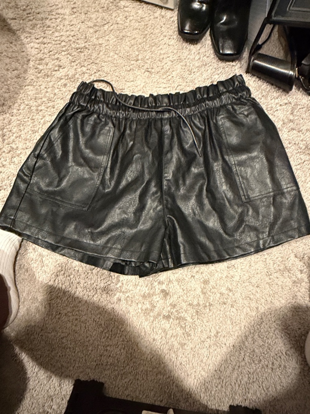Black Faux Leather Drawstring Women’s Shorts